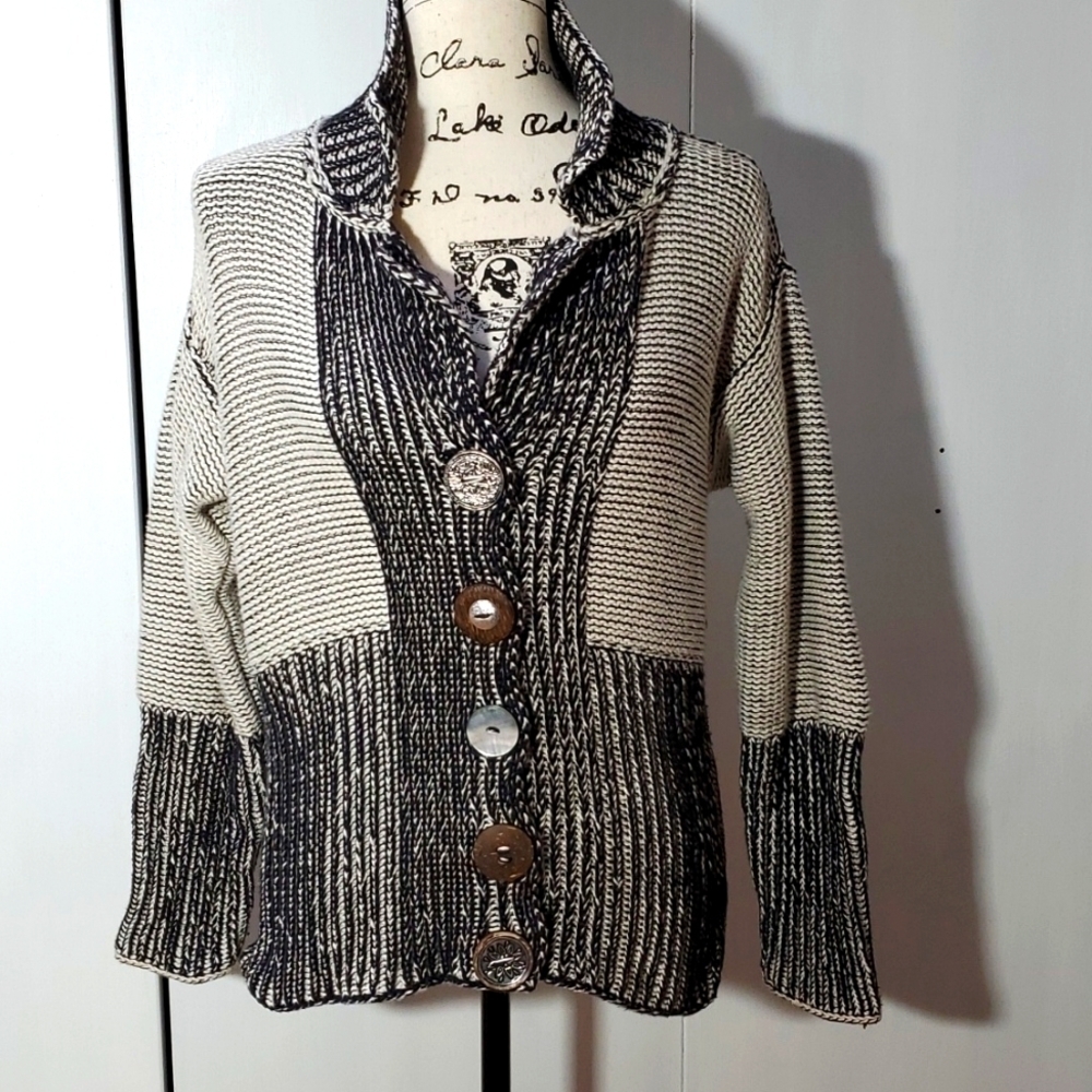 Overland- Cream/Black Heavy Knit Neutral cottage core Cardigan Chunky Boho Sz.M